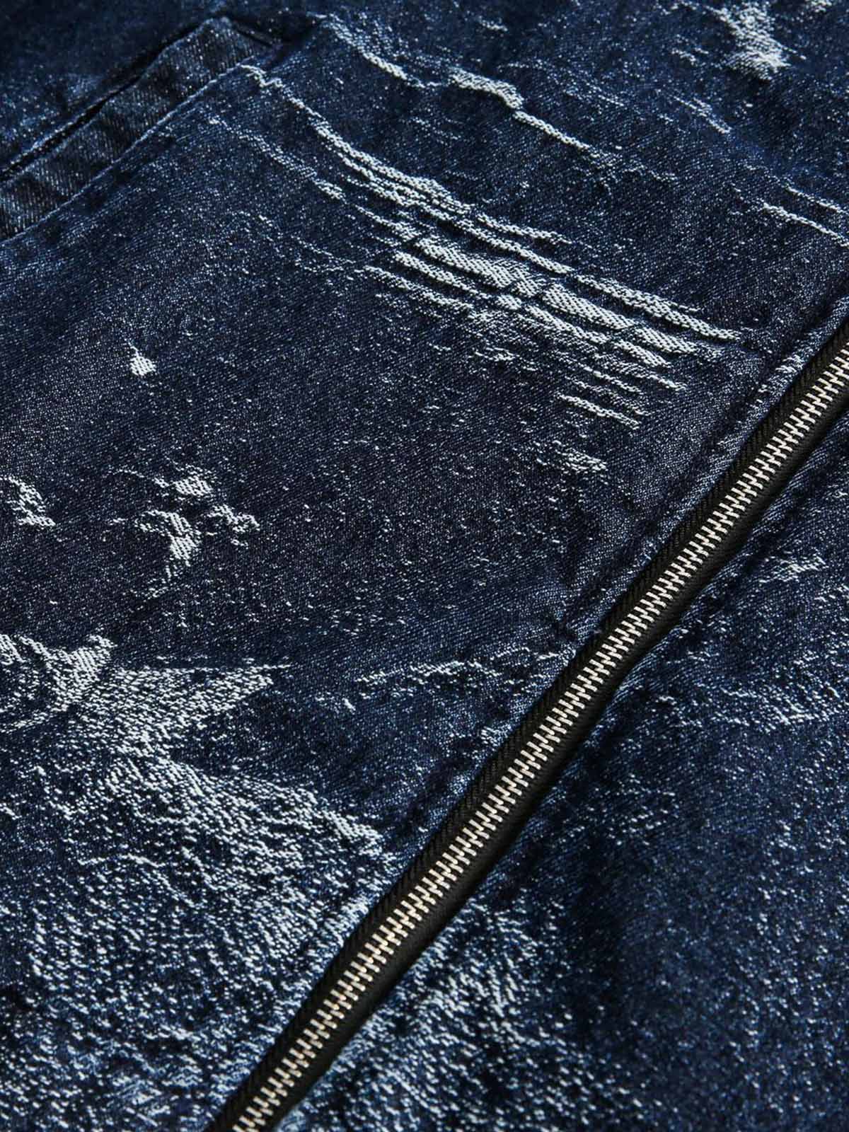 Cross Jacquard Zip Up Denim Jacket Reflective Street Style