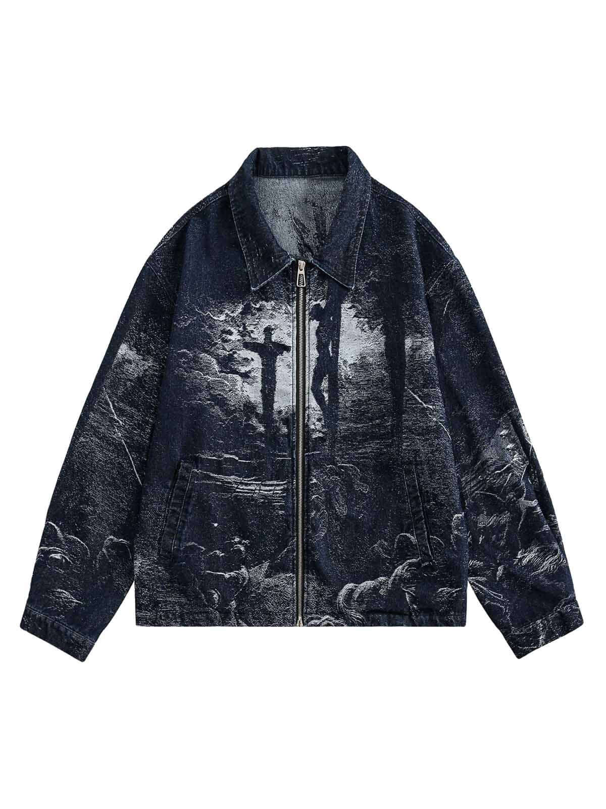 Cross Jacquard Zip Up Denim Jacket Reflective Street Style