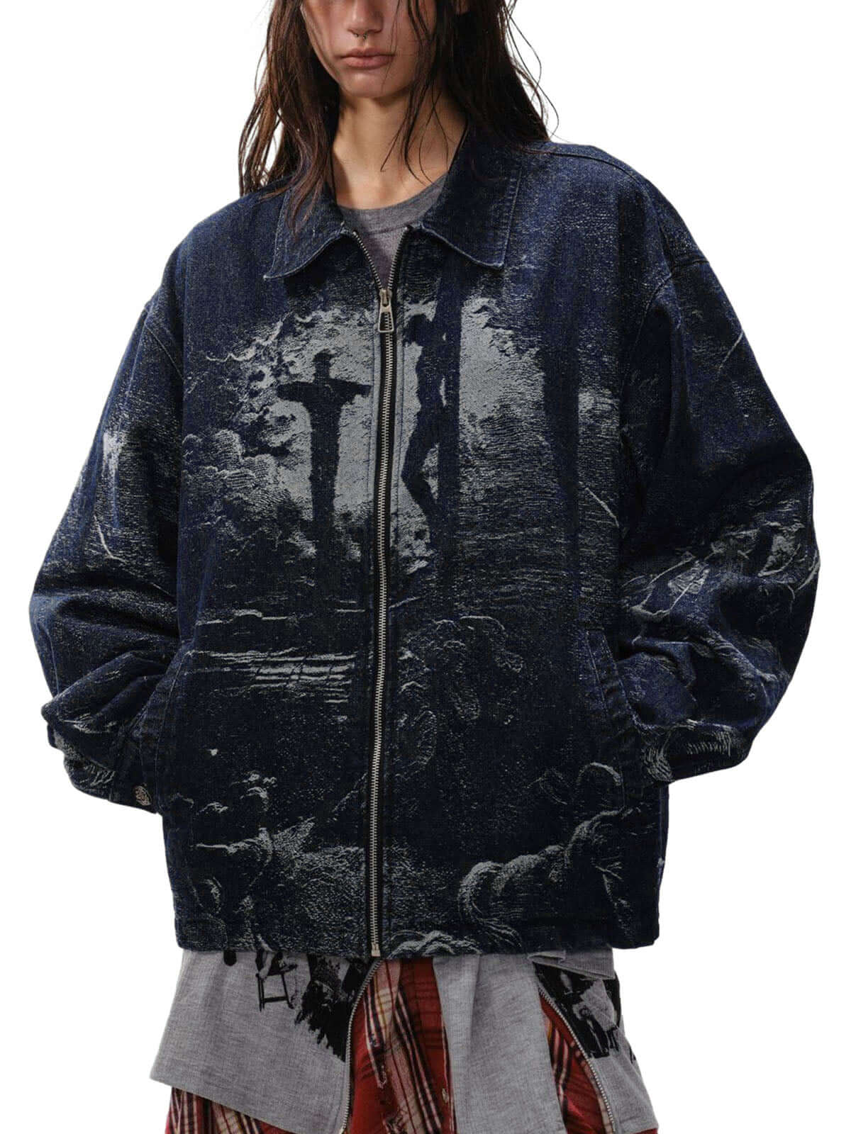 Cross Jacquard Zip Up Denim Jacket Reflective Street Style