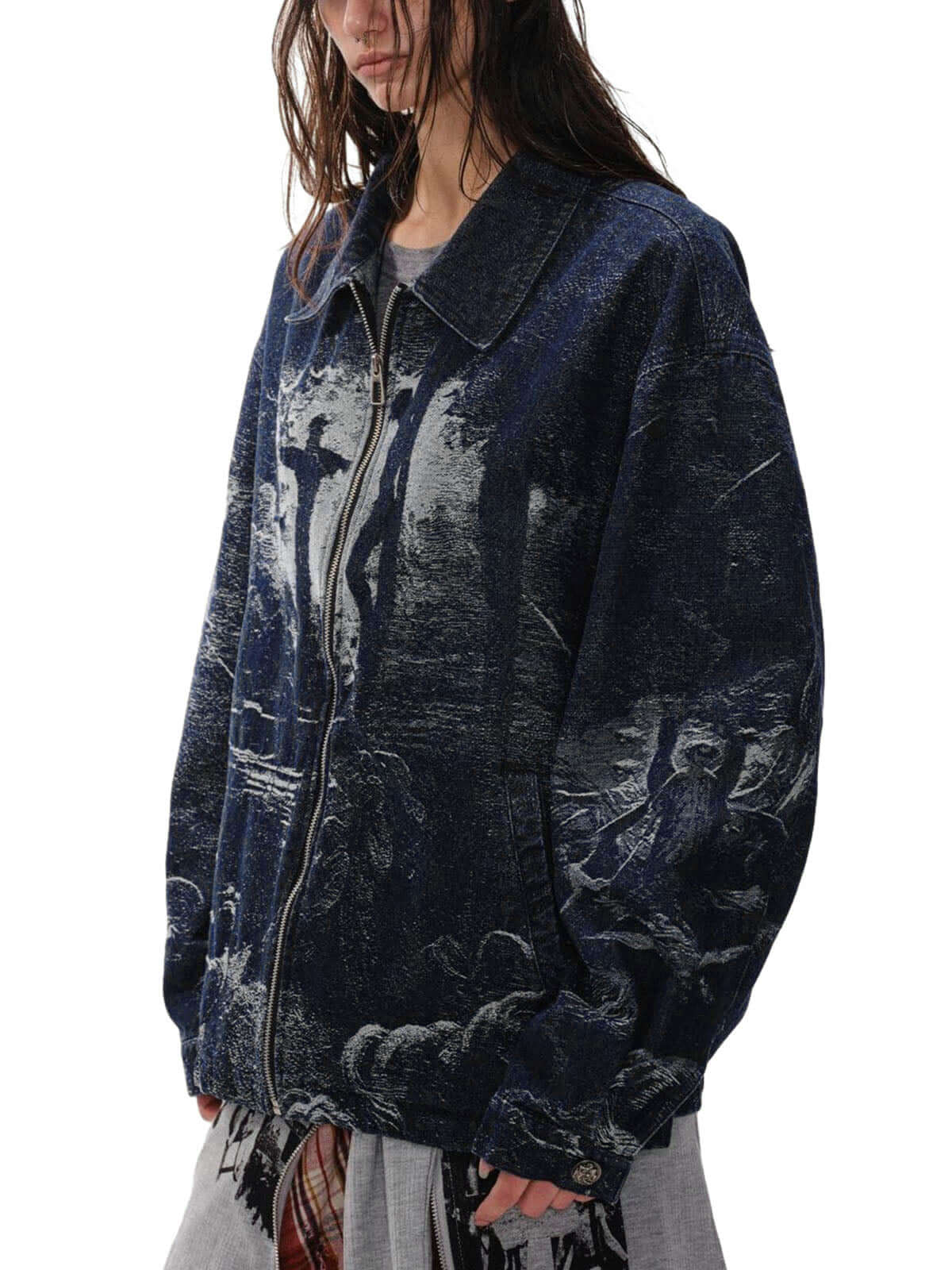 Cross Jacquard Zip Up Denim Jacket Reflective Street Style