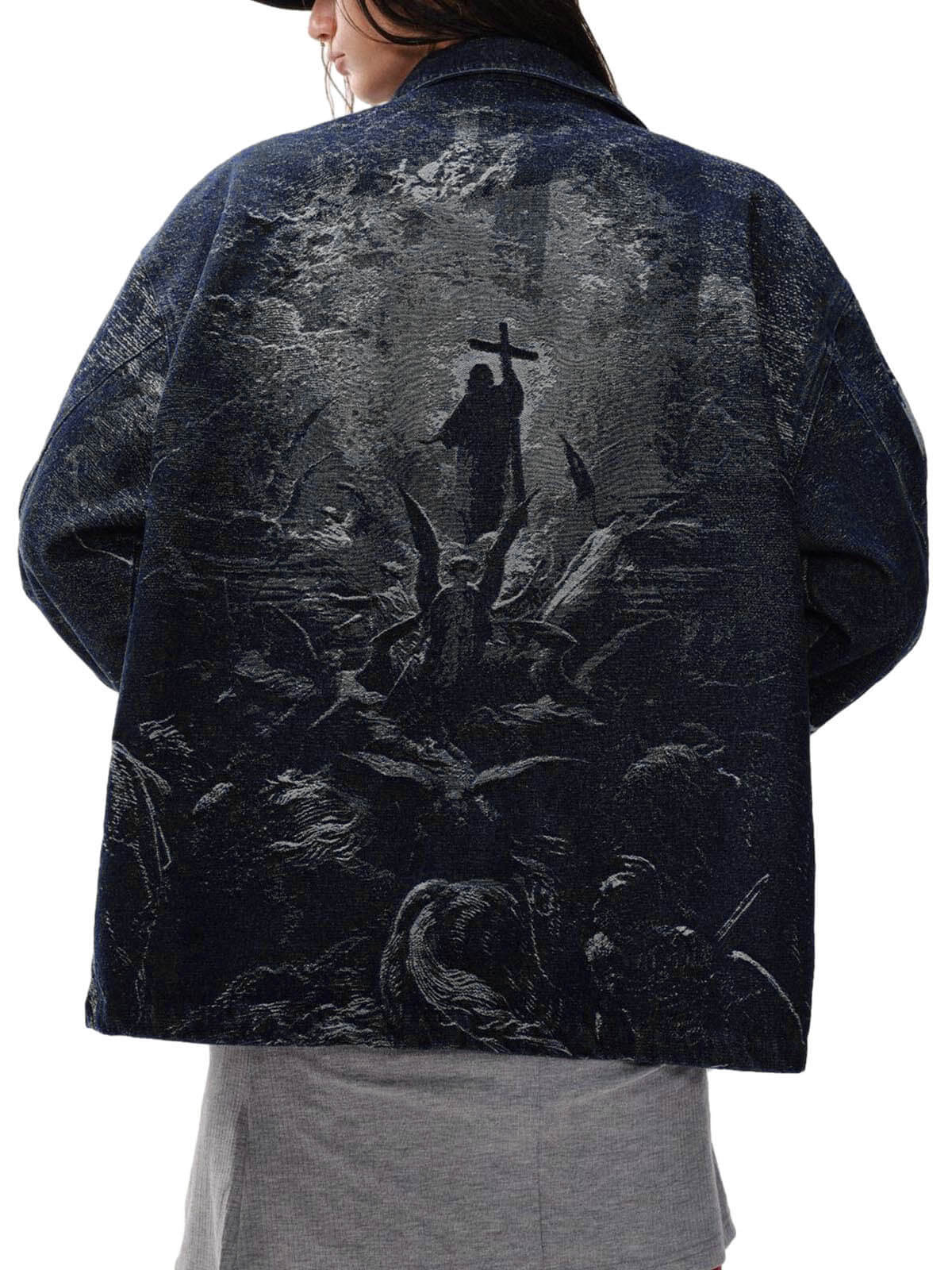 Cross Jacquard Zip Up Denim Jacket Reflective Street Style