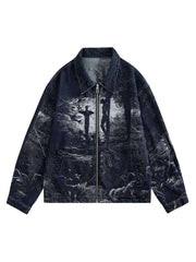 Cross Jacquard Zip Up Denim Jacket Reflective Street Style