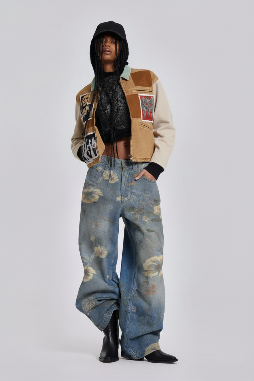 Denim Floral Print Carpenter Jeans