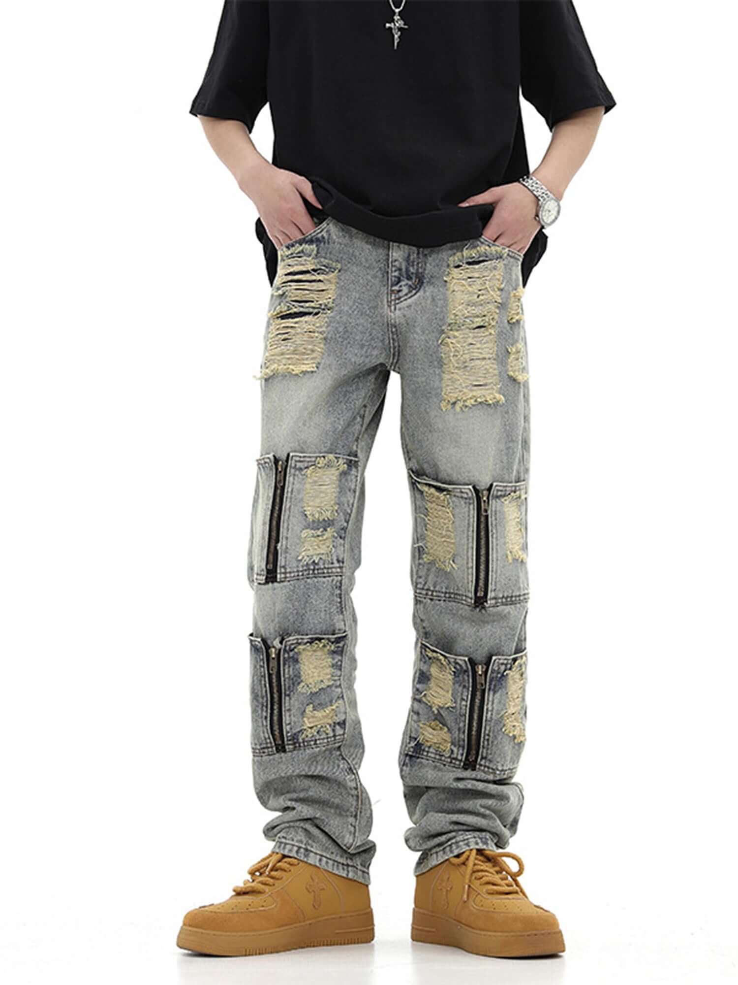 High Street Washed And Torn Work Pockets Denim Pants Streetwear