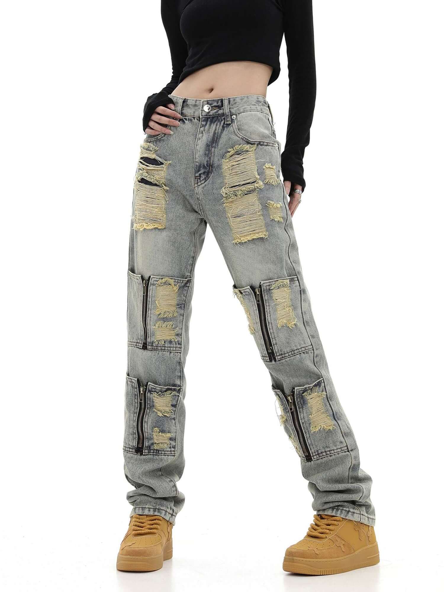 High Street Washed And Torn Work Pockets Denim Pants Streetwear