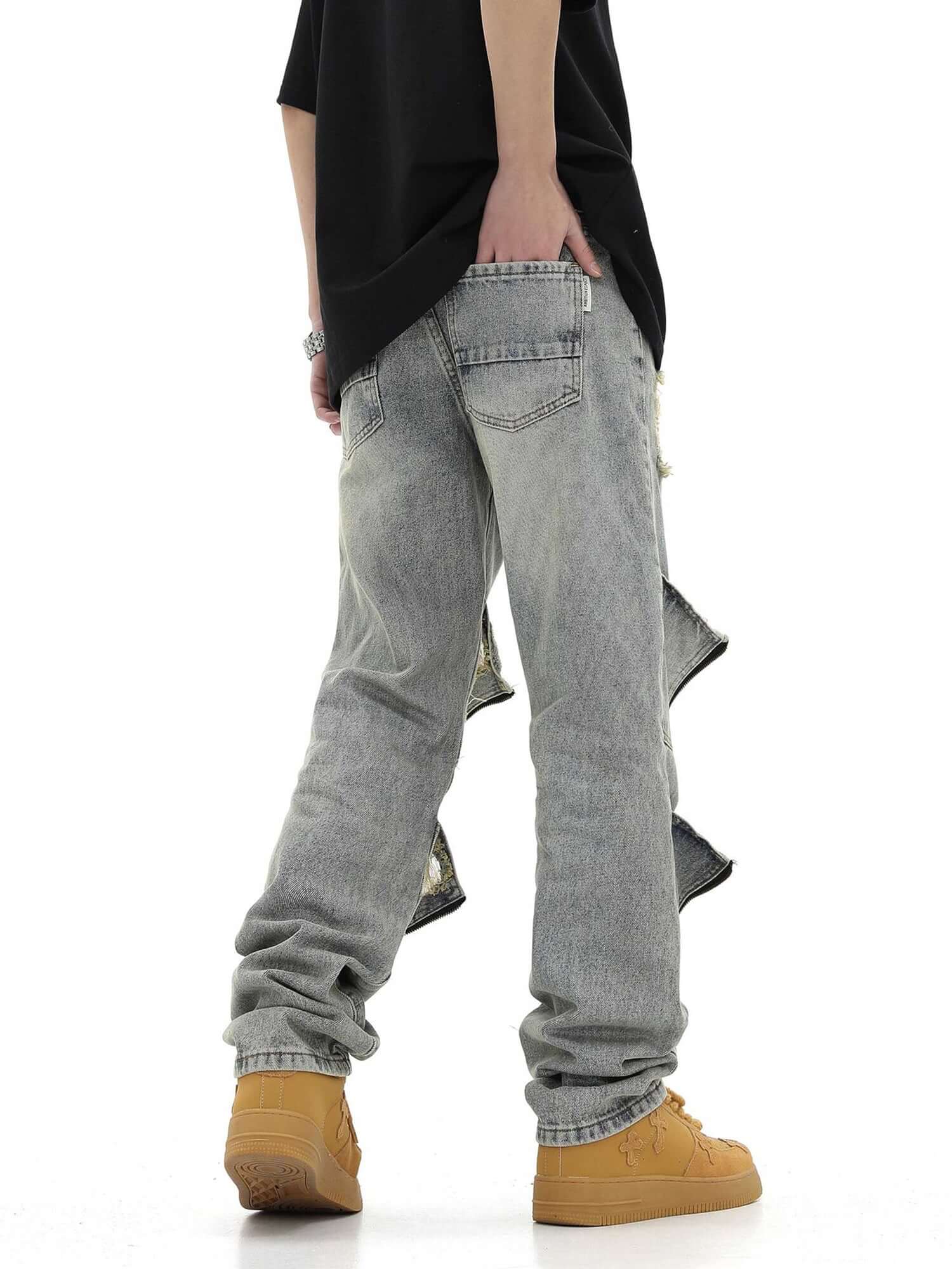 High Street Washed And Torn Work Pockets Denim Pants Streetwear