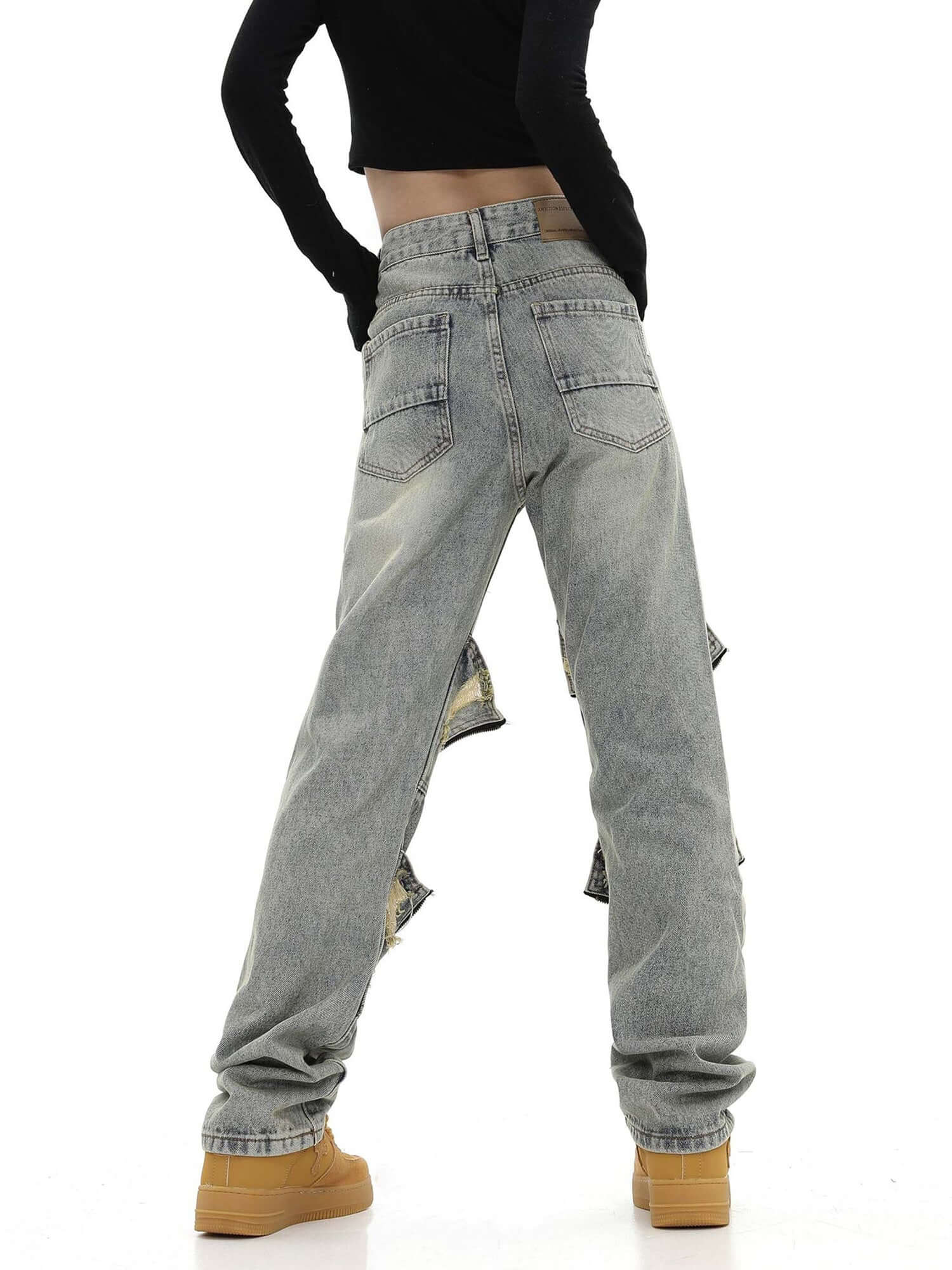 High Street Washed And Torn Work Pockets Denim Pants Streetwear