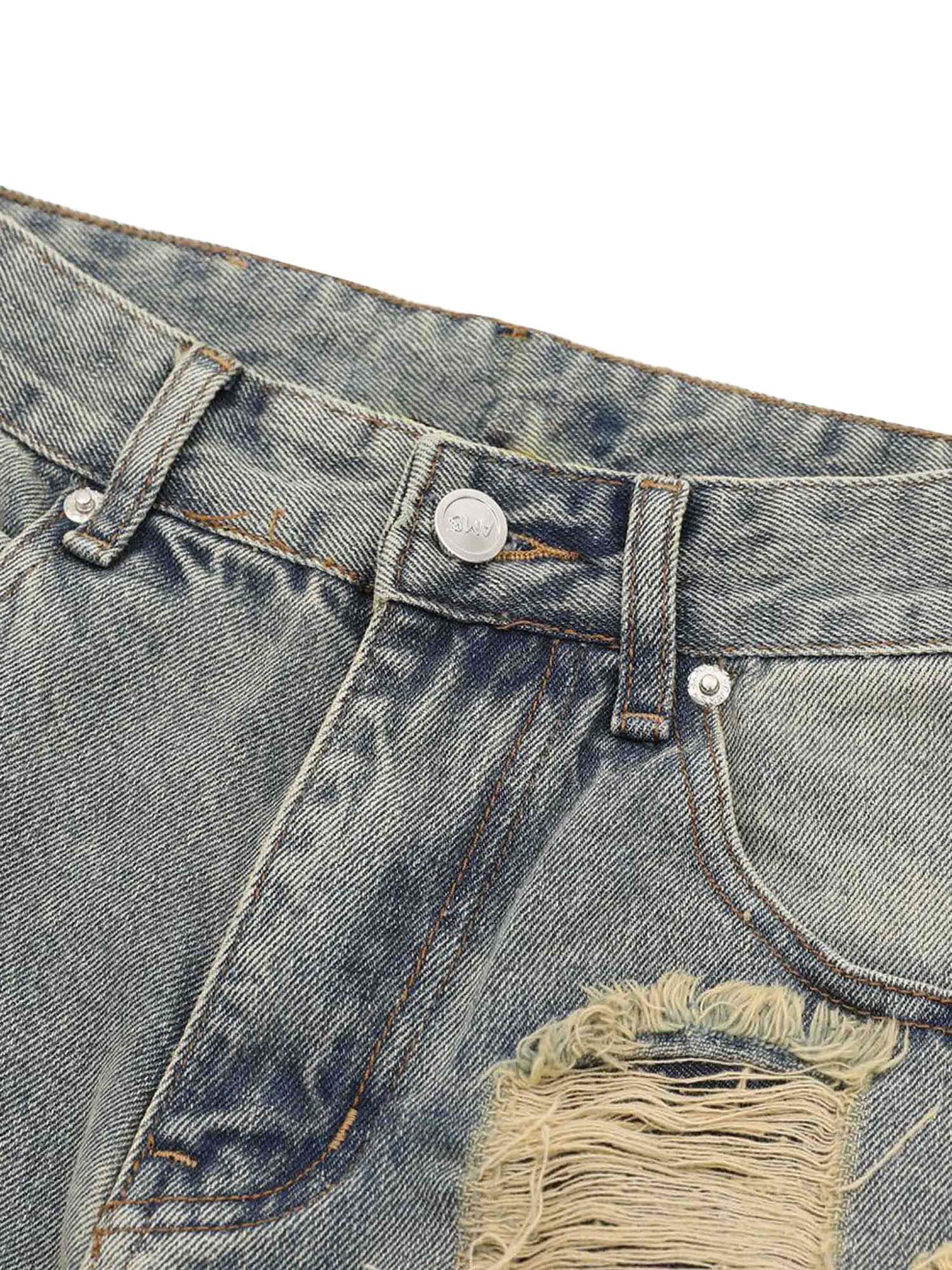High Street Washed And Torn Work Pockets Denim Pants Streetwear