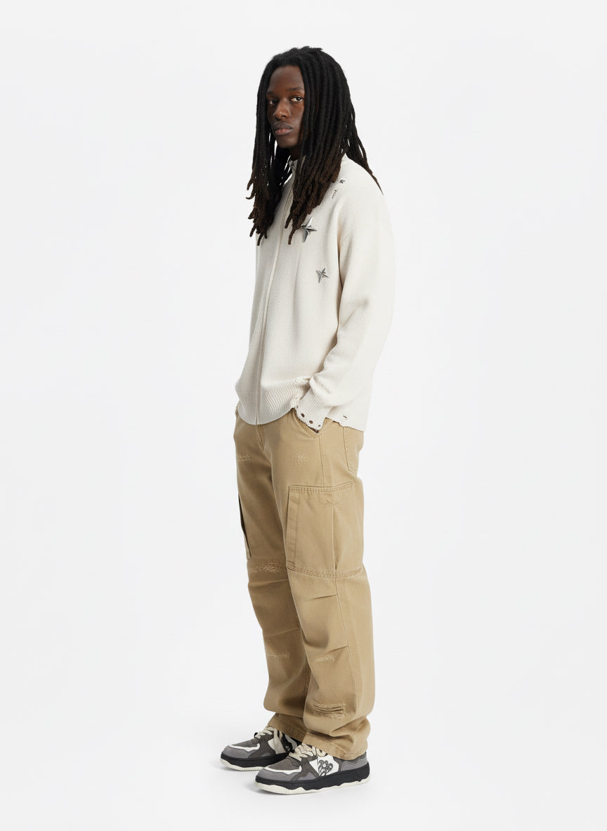 Distressed Ripped-Edge Turtleneck Diamond Star Zipper Knitted Sweater