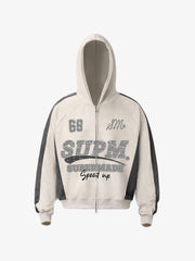 Suede Foam Letter Patchwork Zipper Shorts Jacket
