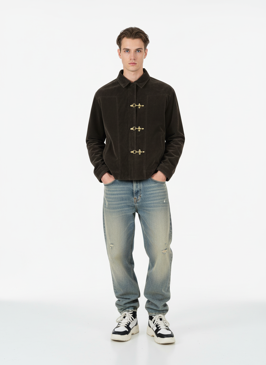 Retro Unique Metal Button Suede Lapel Bomber Jacket