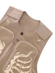 Skeleton Print Padded Cargo Vest Reflective Streetwear Style - 10401