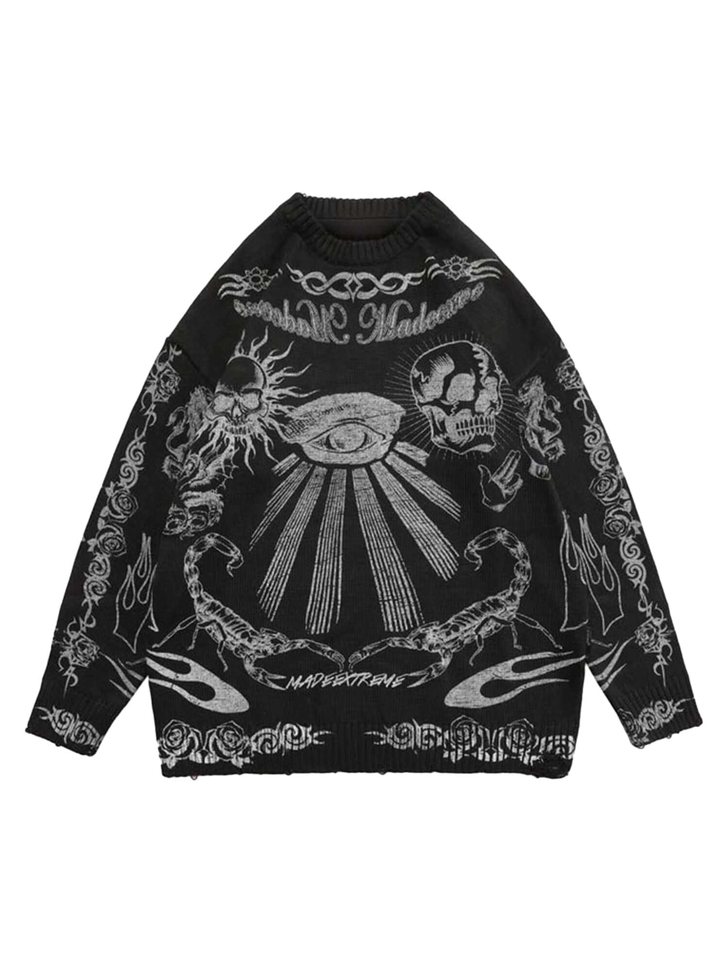 Skull Print Distressed Sweater Zipper Streetwear Style