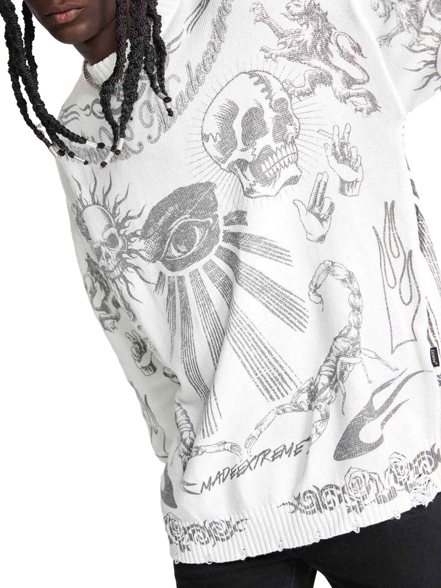 Skull Print Distressed Sweater Zipper Streetwear Style