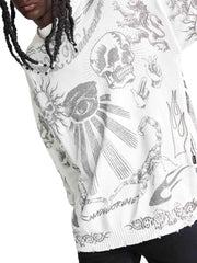 Skull Print Distressed Sweater Zipper Streetwear Style