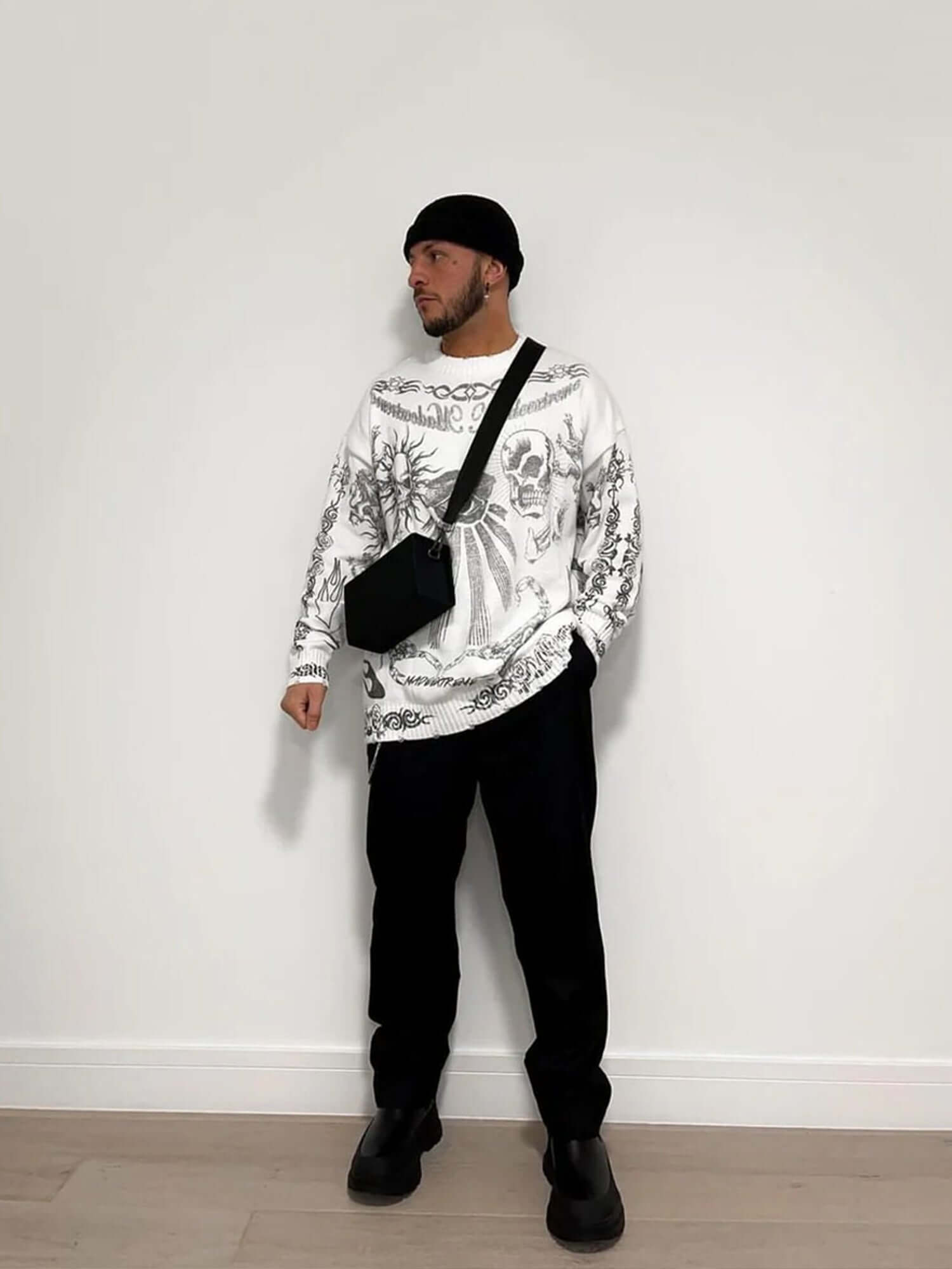 Skull Print Distressed Sweater Zipper Streetwear Style
