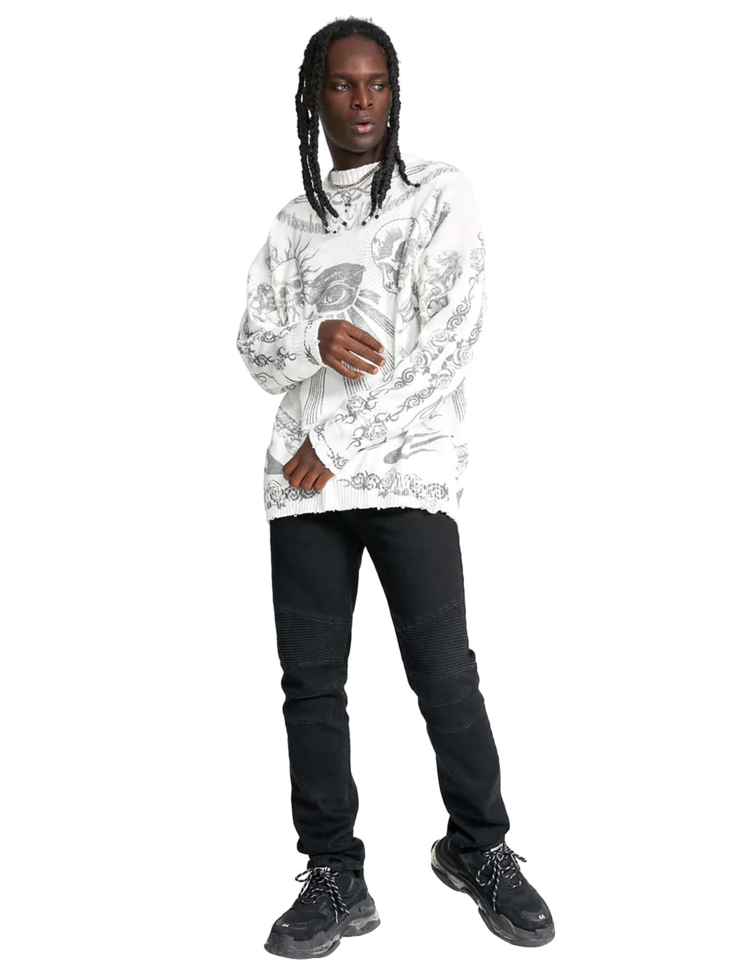 Skull Print Distressed Sweater Zipper Streetwear Style