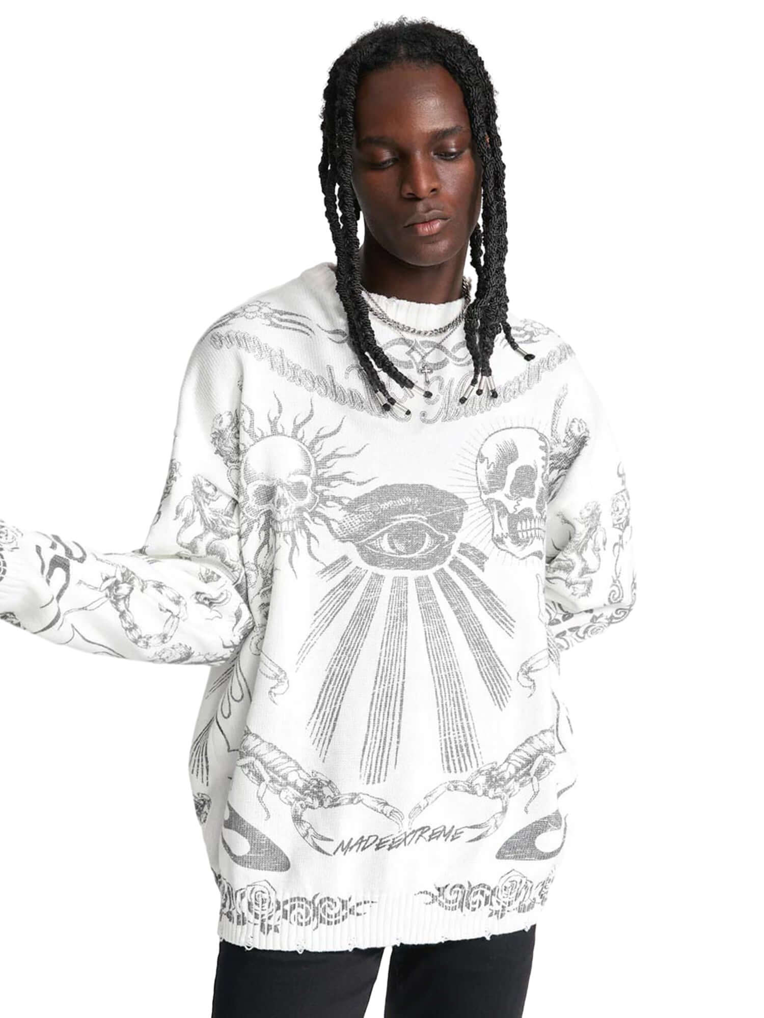 Skull Print Distressed Sweater Zipper Streetwear Style