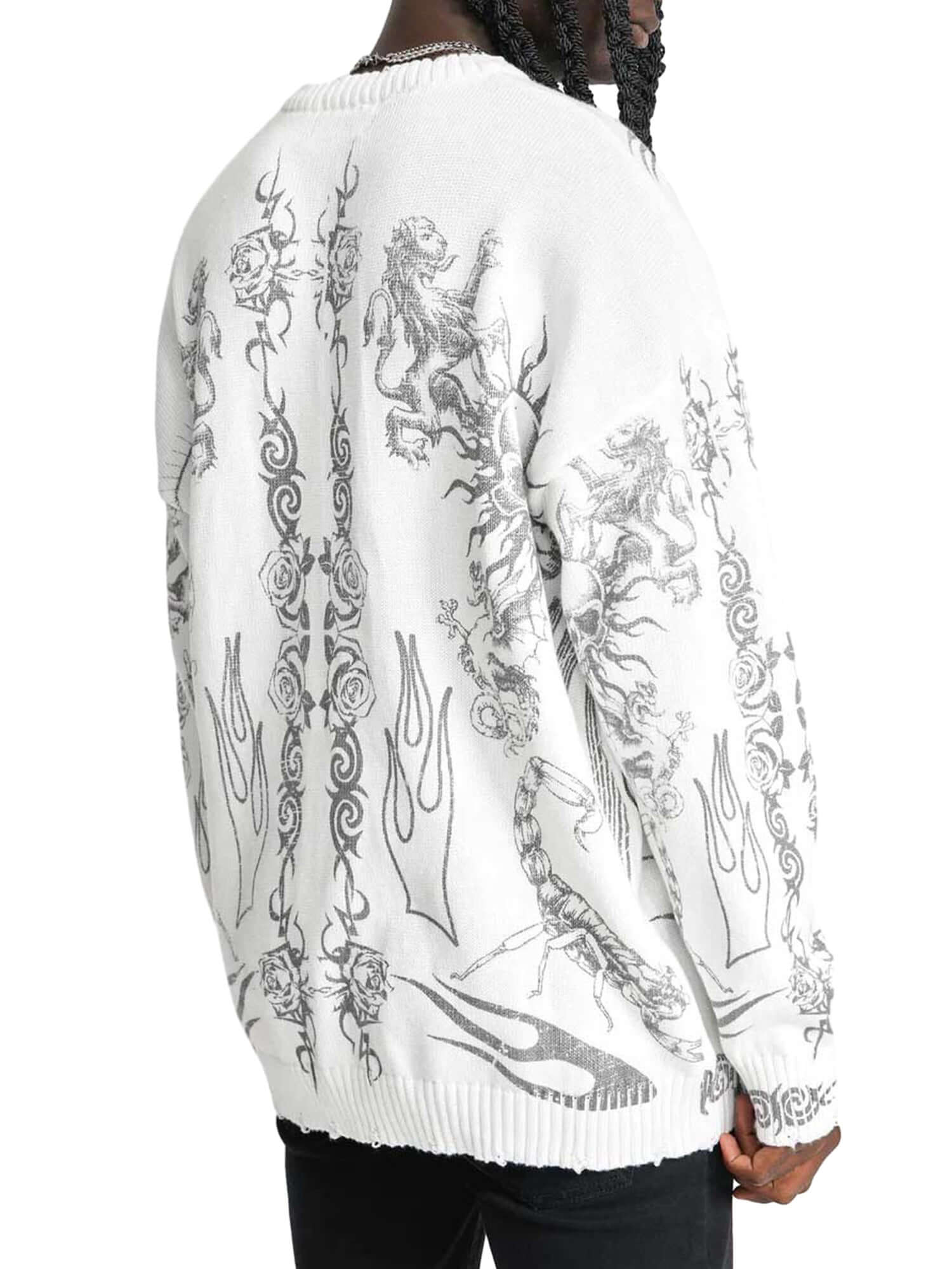 Skull Print Distressed Sweater Zipper Streetwear Style