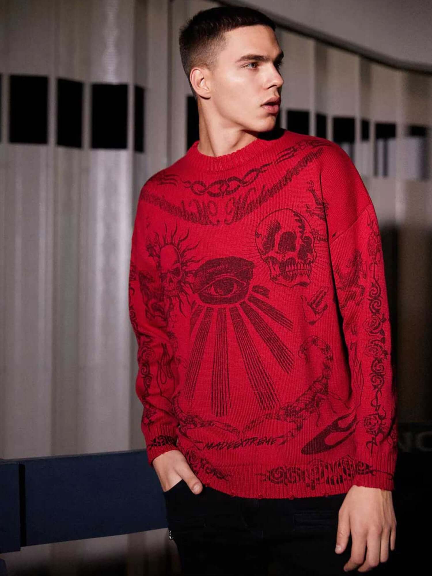 Skull Print Distressed Sweater Zipper Streetwear Style