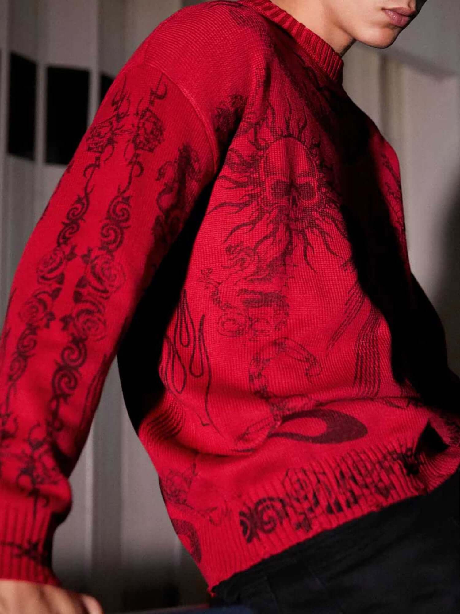 Skull Print Distressed Sweater Zipper Streetwear Style