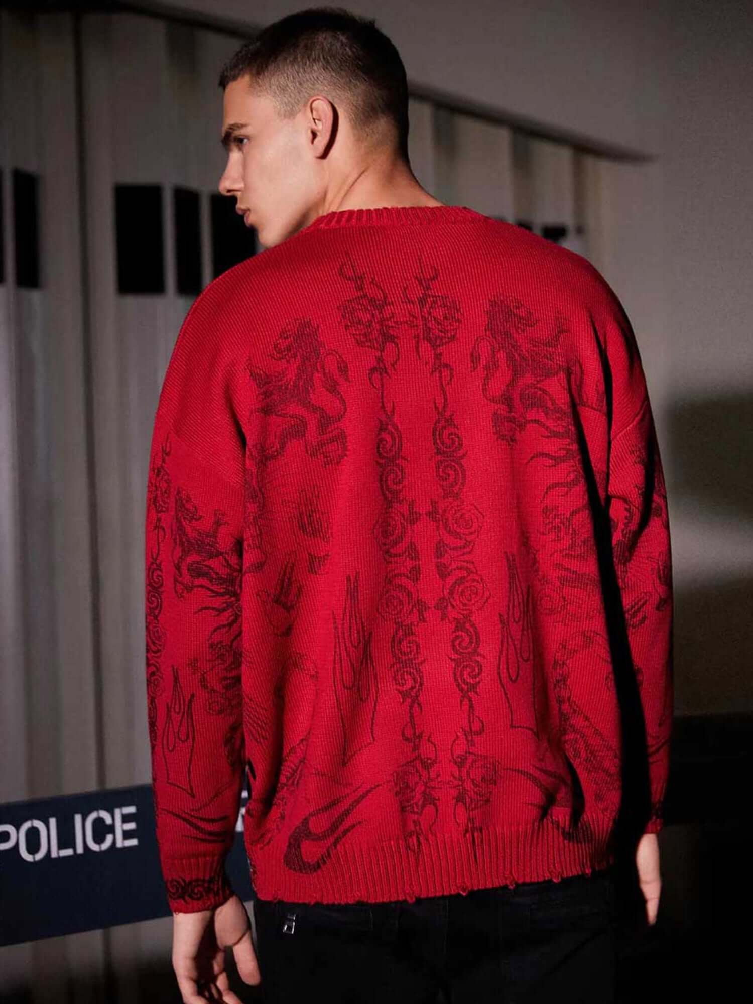 Skull Print Distressed Sweater Zipper Streetwear Style