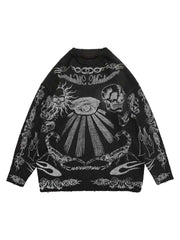 Skull Print Distressed Sweater Zipper Streetwear Style