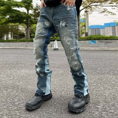 Splashing Ink Micro Horn Deconstruction Stitching Jeans Streetwear