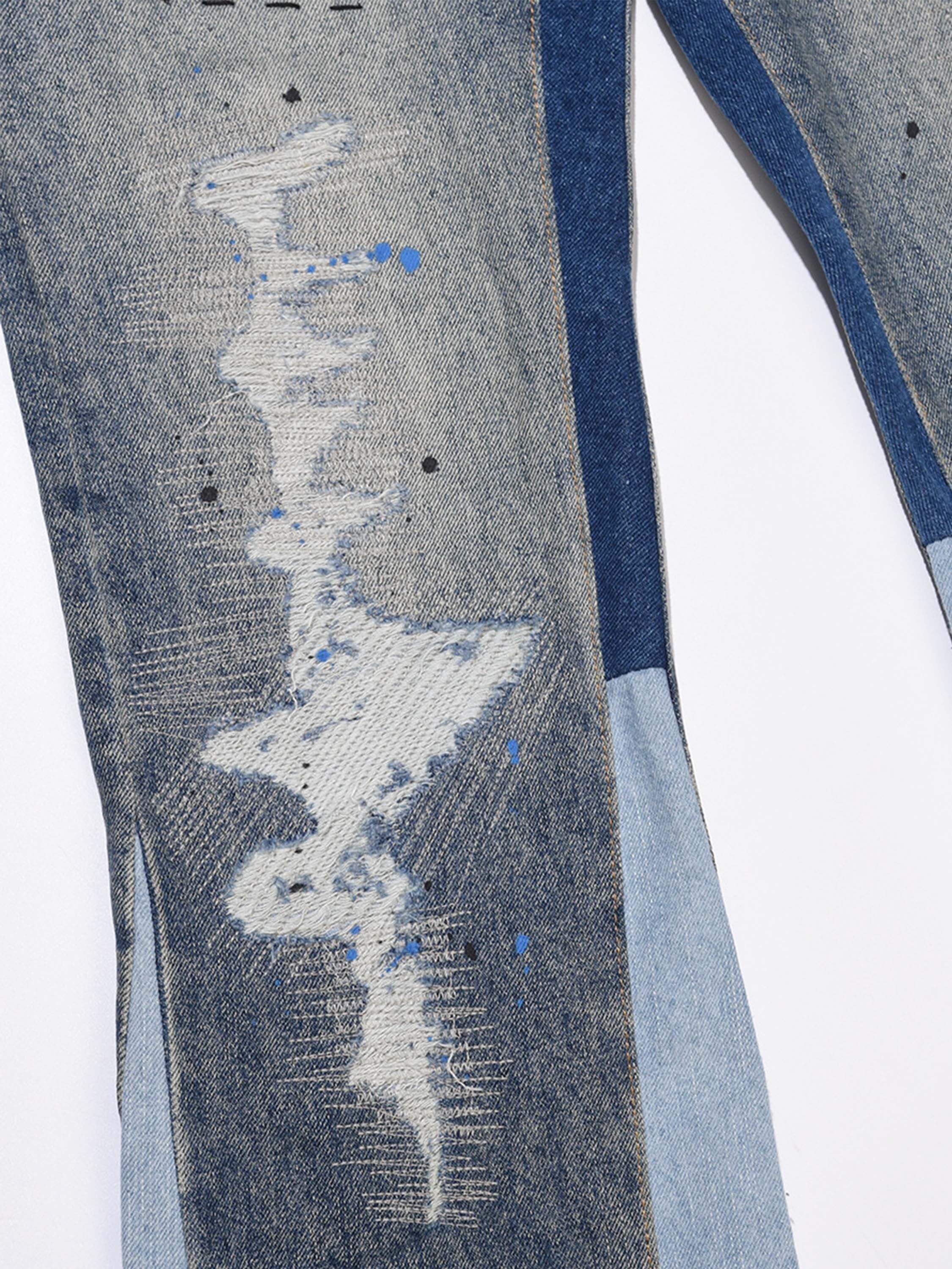 Splashing Ink Micro Horn Deconstruction Stitching Jeans Streetwear