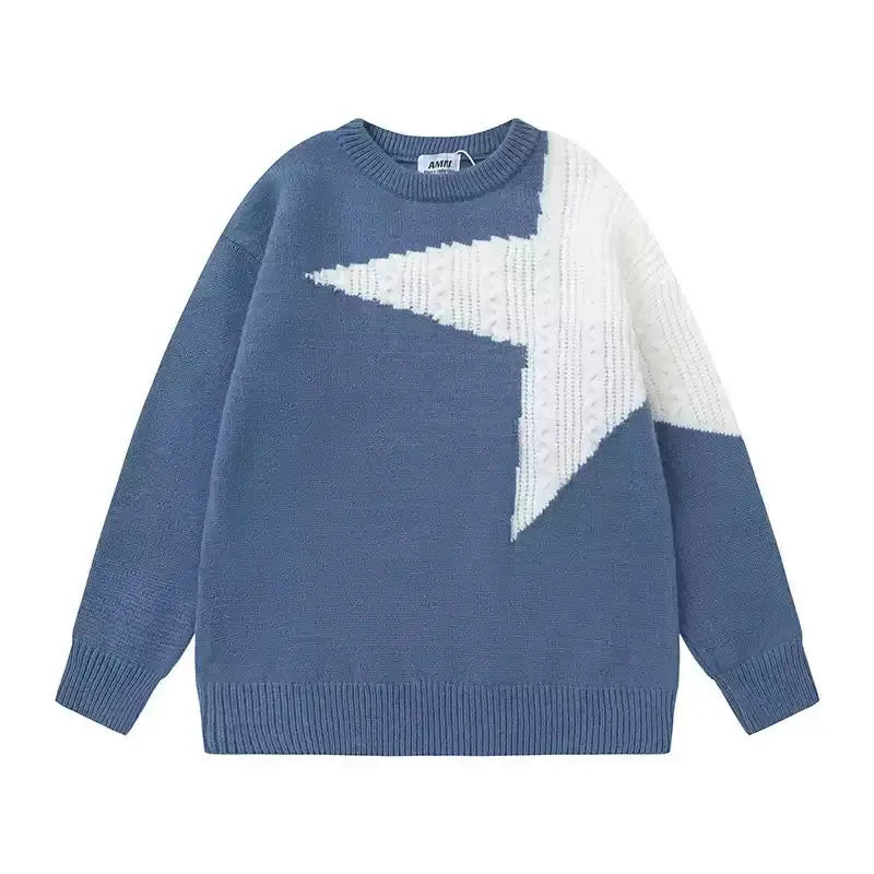 Star Contrast Knit Sweater Casual Streetwear Style