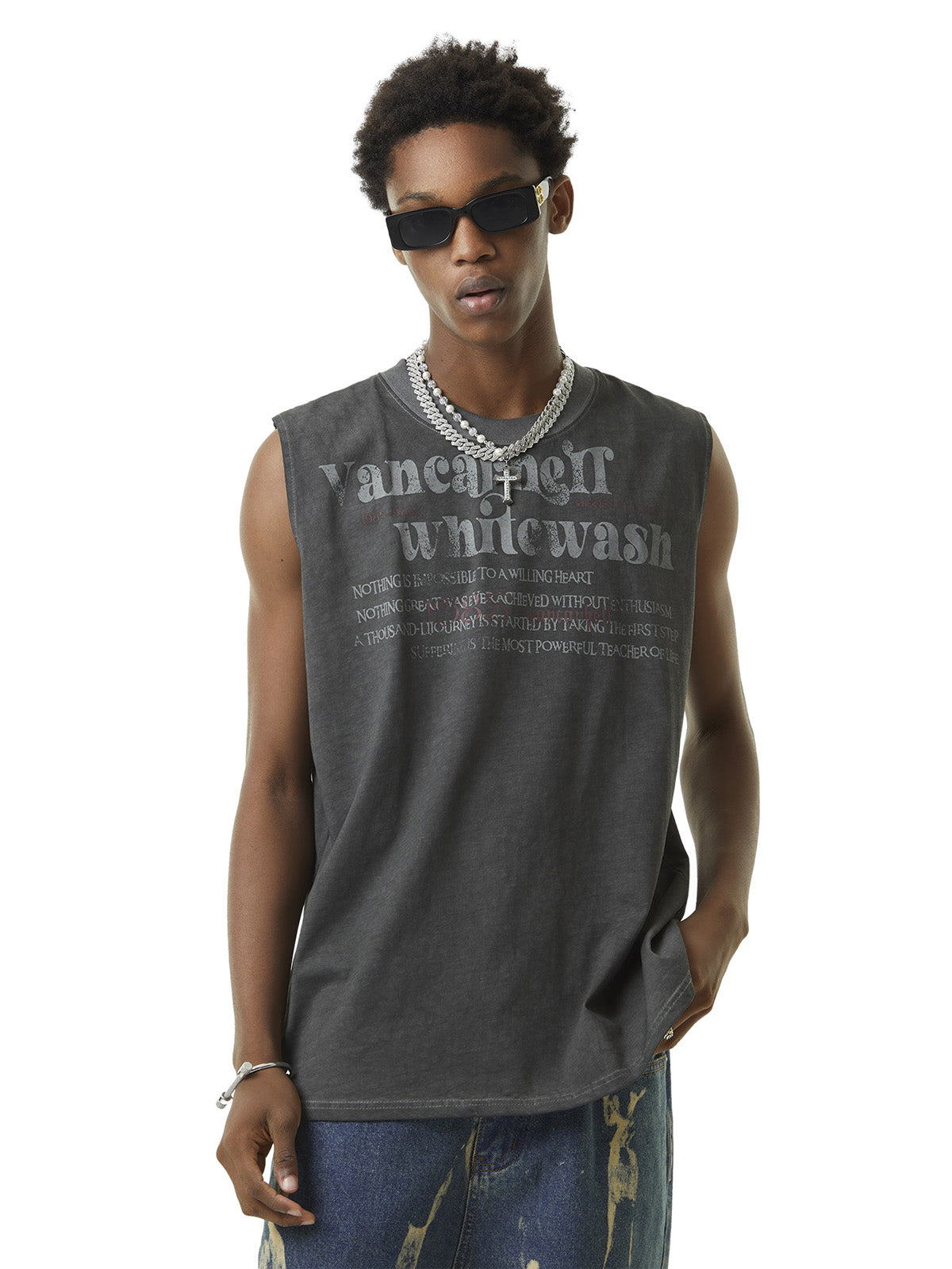Heavy Worker Washed And Broken Retro Font VEST Streetwear