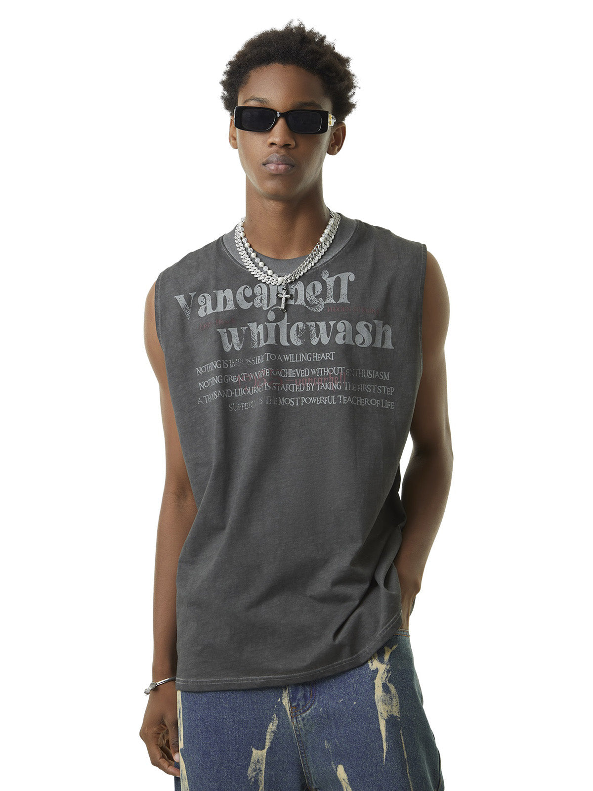 Heavy Worker Washed And Broken Retro Font VEST Streetwear