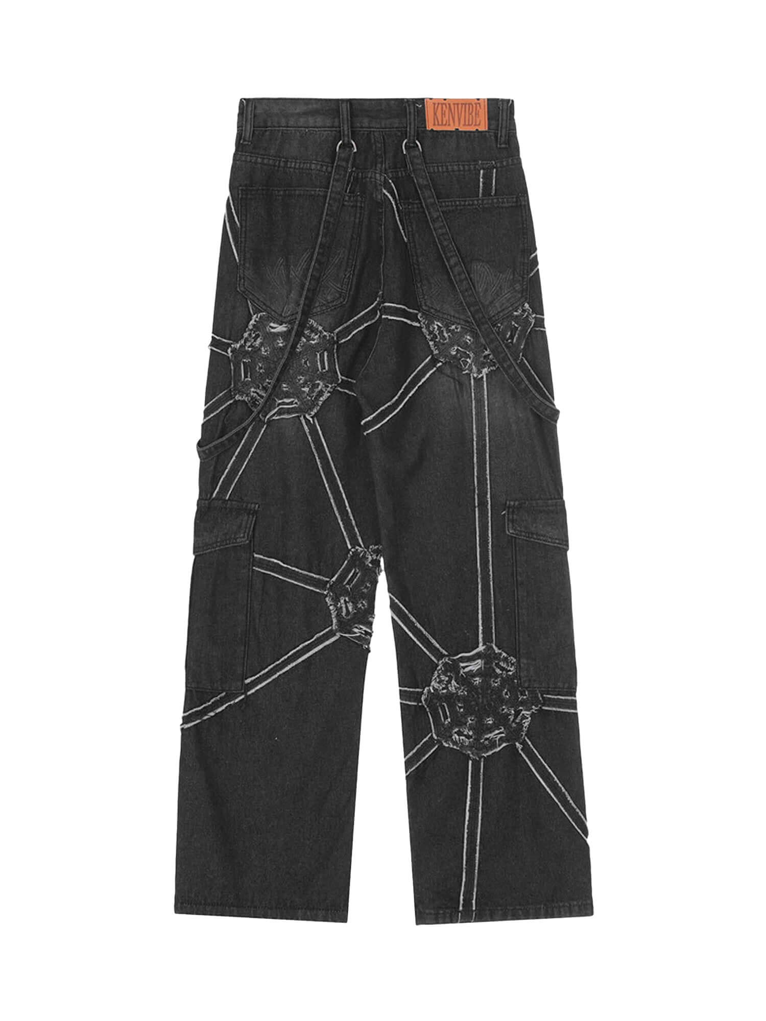High Street Hip Hop Spider Web Denim Pants Streetwear Cargo