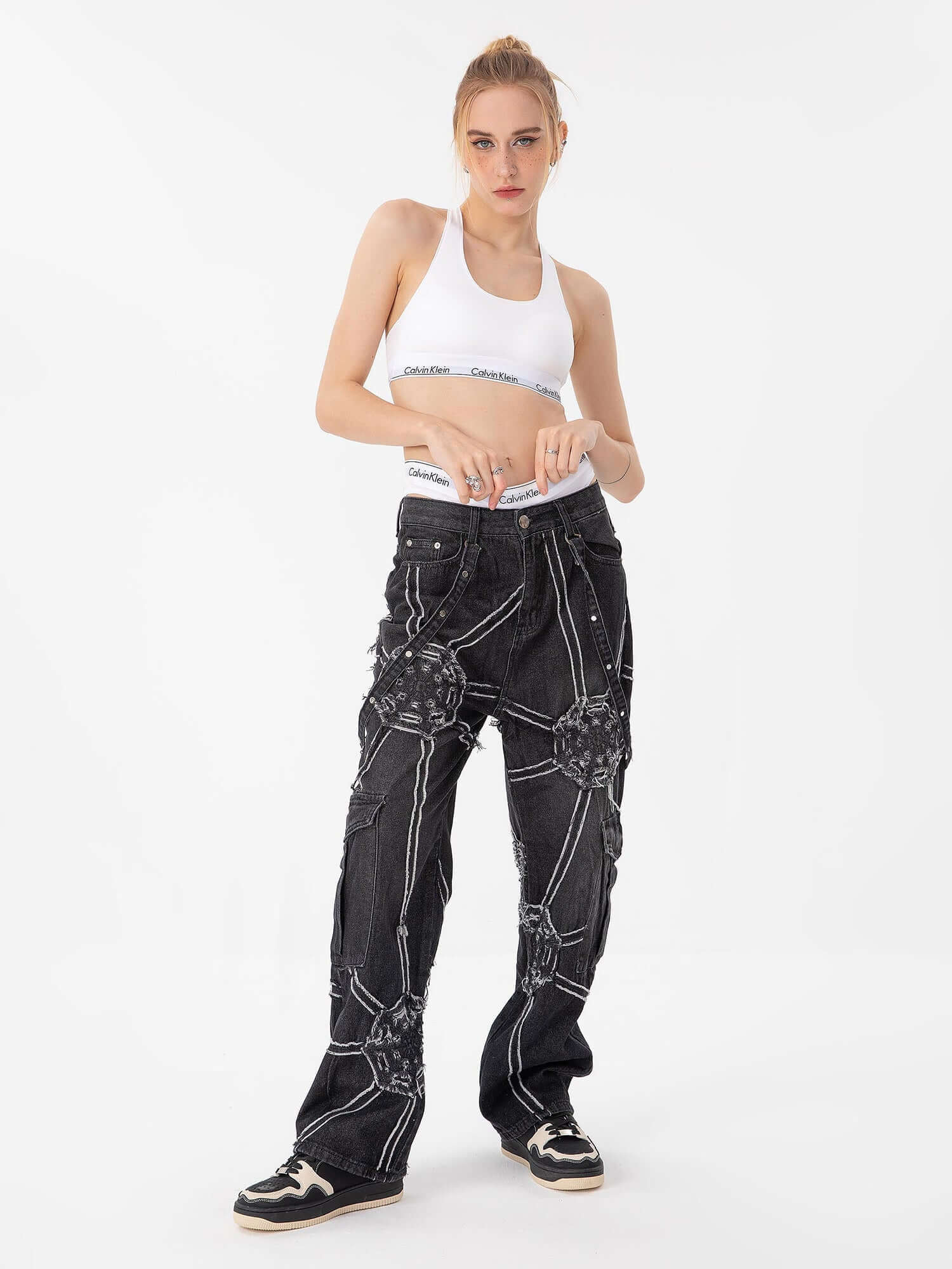 High Street Hip Hop Spider Web Denim Pants Streetwear Cargo