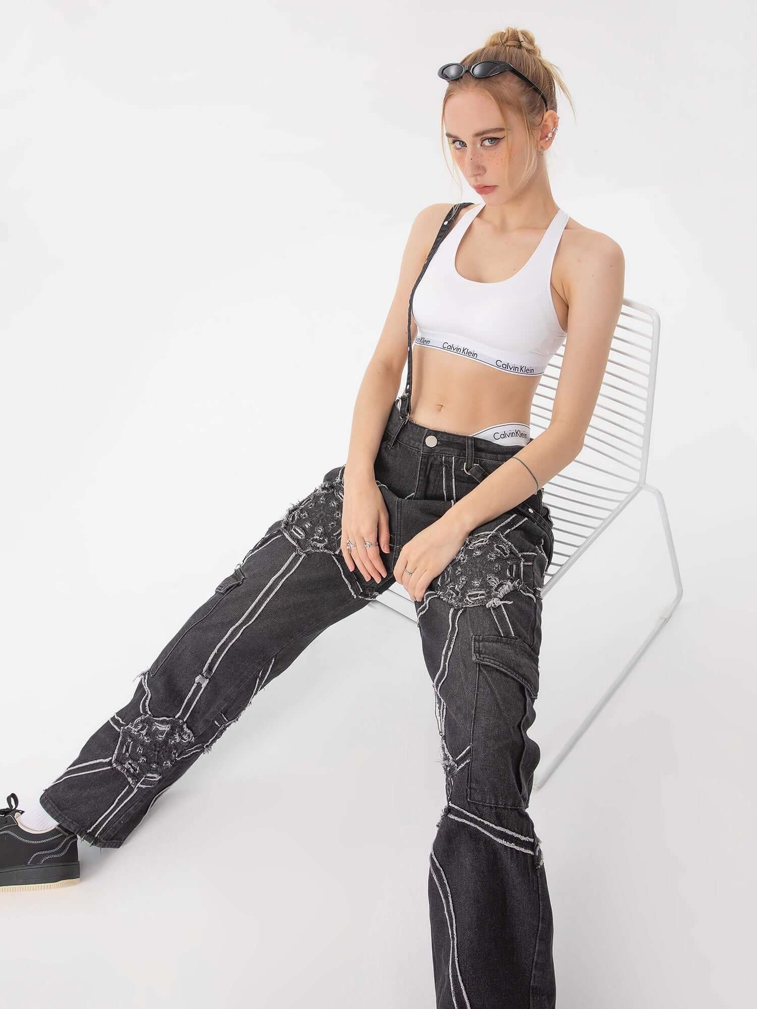 High Street Hip Hop Spider Web Denim Pants Streetwear Cargo