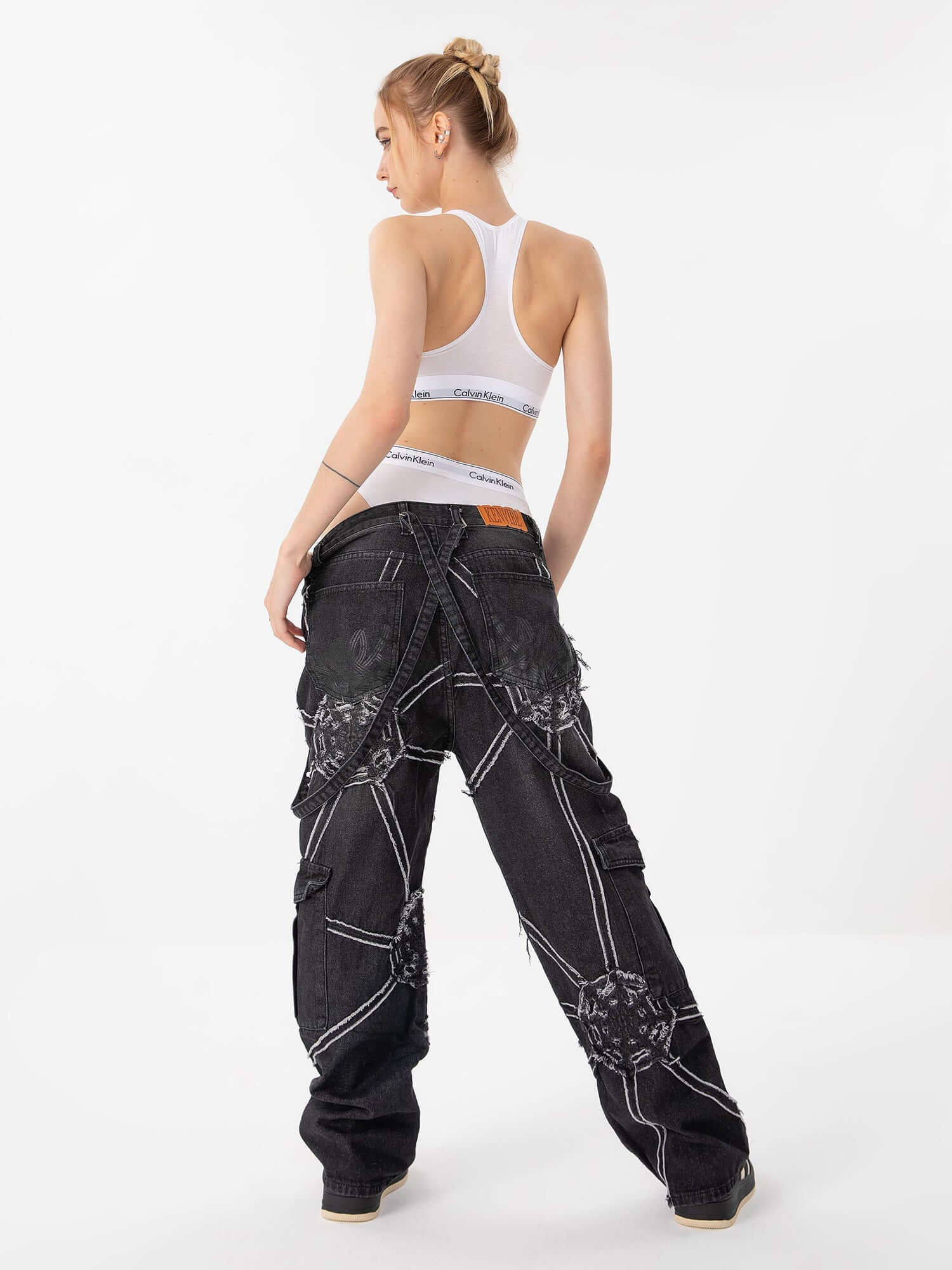High Street Hip Hop Spider Web Denim Pants Streetwear Cargo