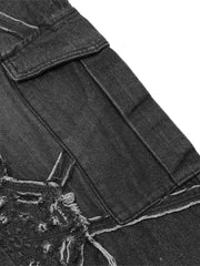High Street Hip Hop Spider Web Denim Pants Streetwear Cargo