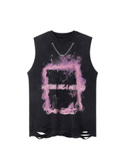 Retro Distressed Washed Smoke Printed Vest Streetwear