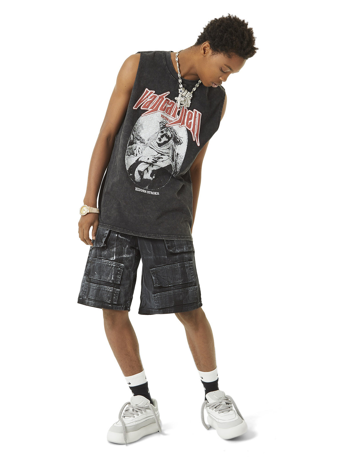 Retro Washed Character Thorns Street Rap Vest Streetwear