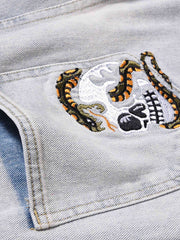 Skull Flame Monogram Embroidered Slim Fit Jeans Streetwear