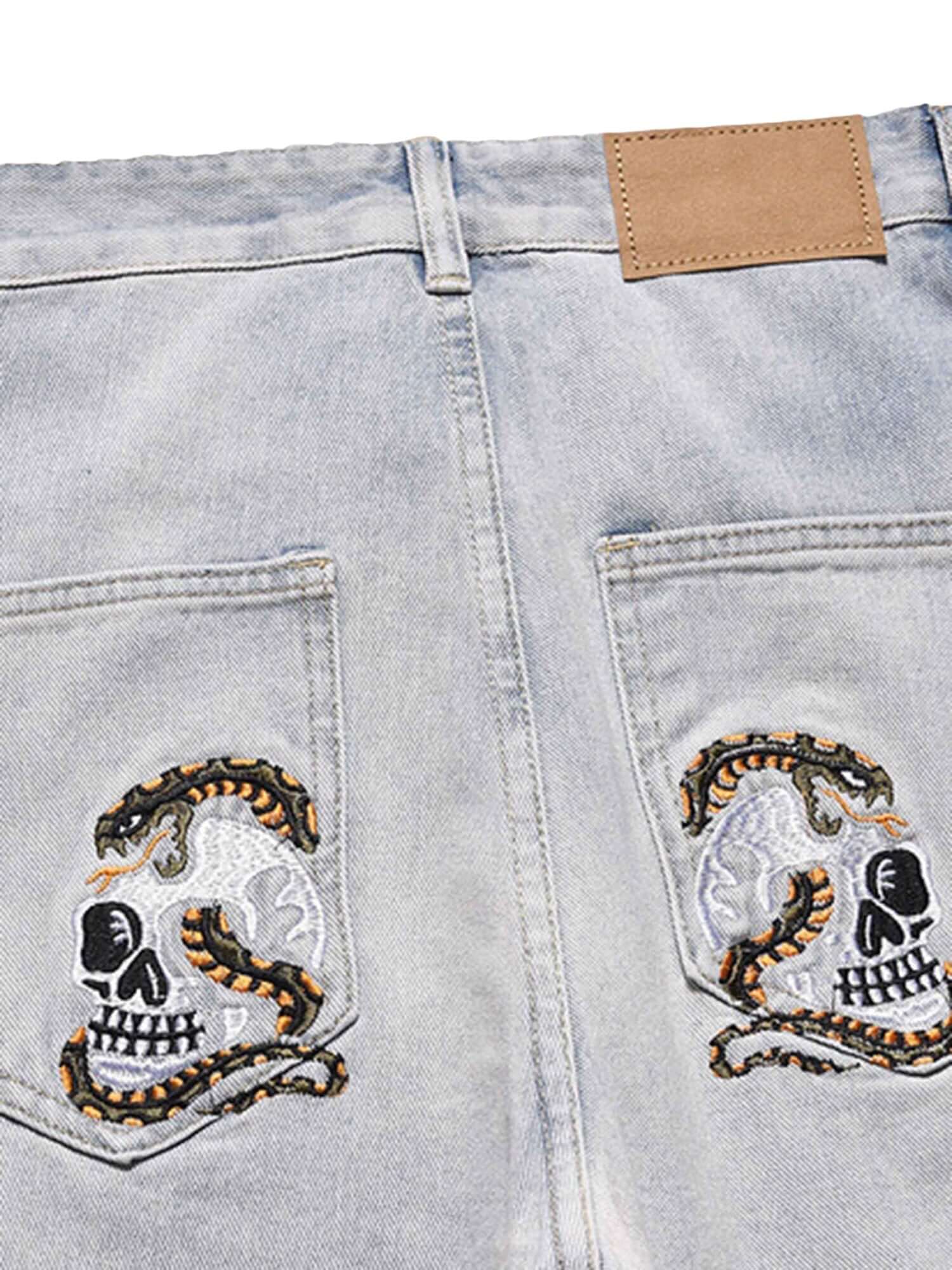Skull Flame Monogram Embroidered Slim Fit Jeans Streetwear