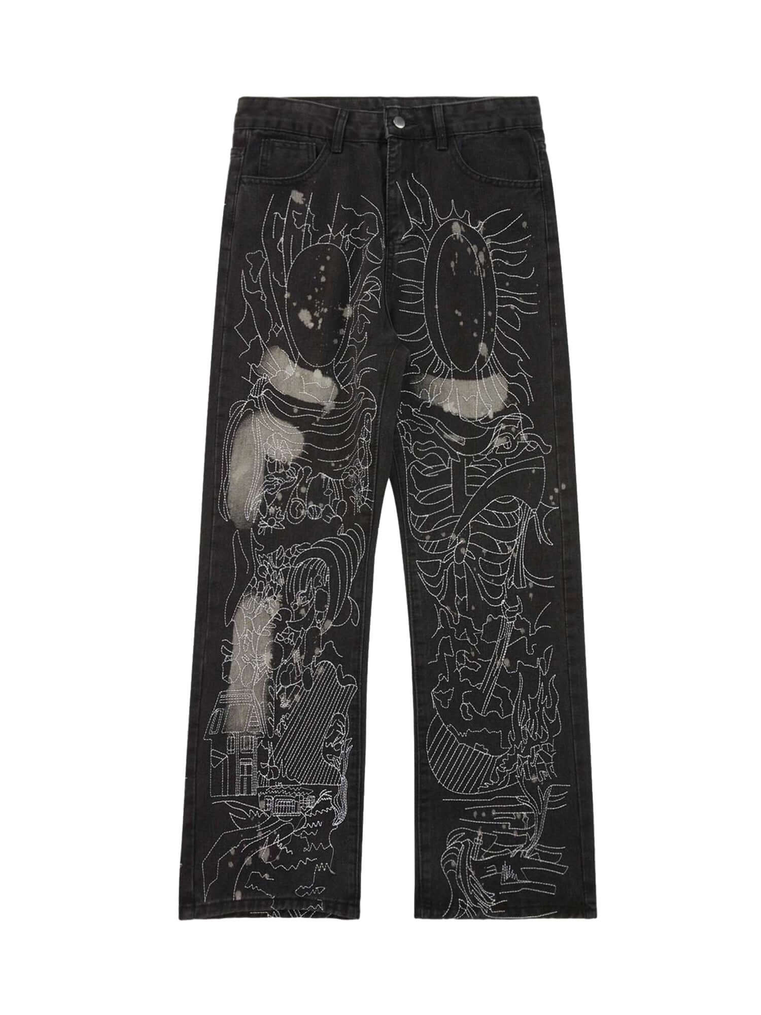 Topstitched White Straight leg Jeans Streetwear
