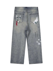 Vintage Ink Splash Washed And Distressed Jeans Streetwear