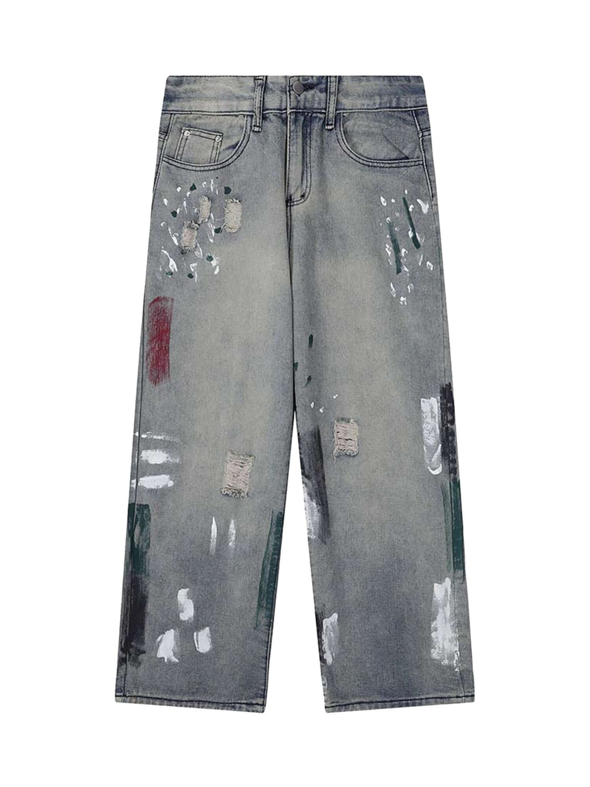 Vintage Ink Splash Washed And Distressed Jeans Streetwear