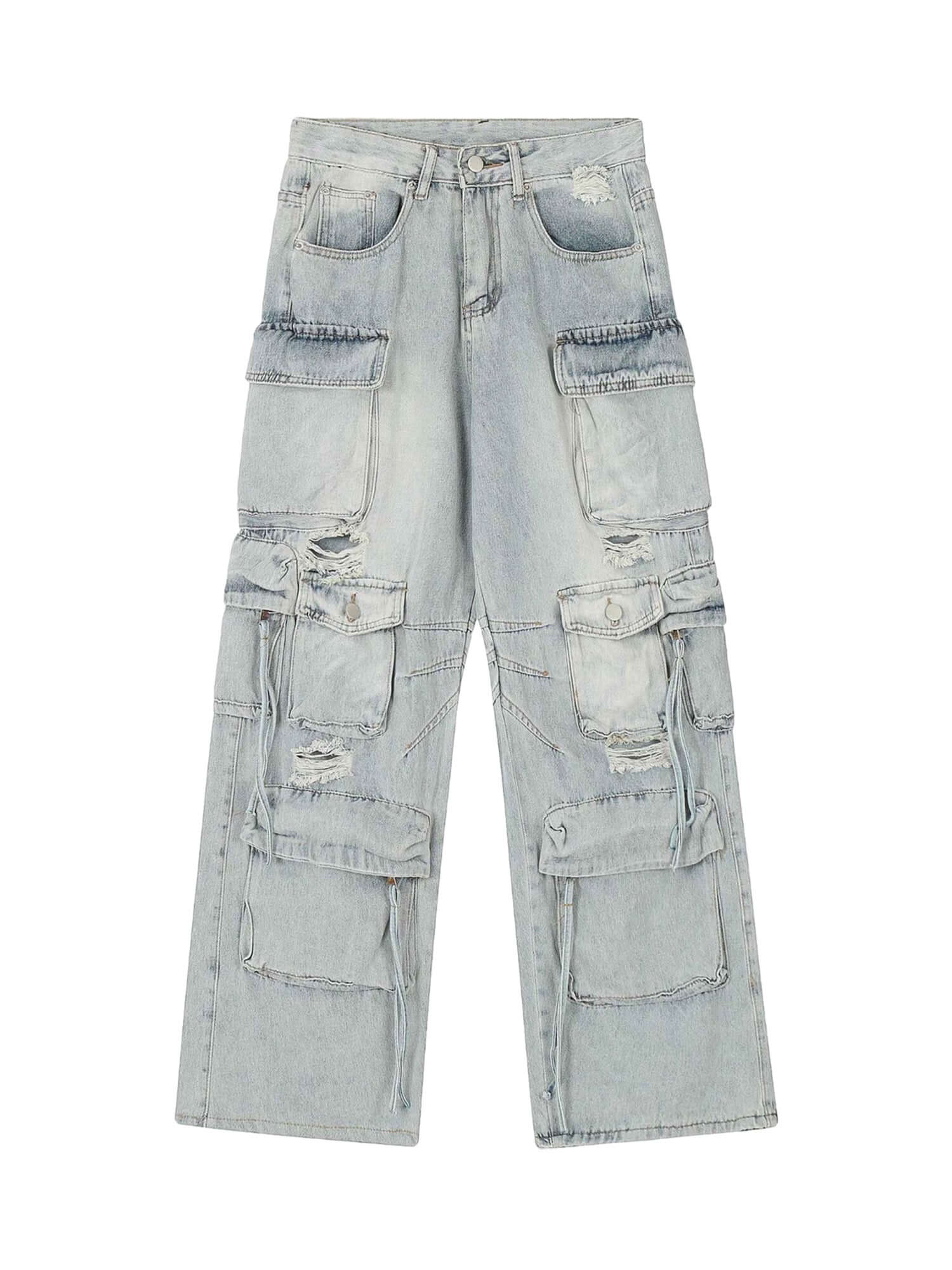 Washed Multi Pocket Work Cargo Jeans Urban Streetwear Style