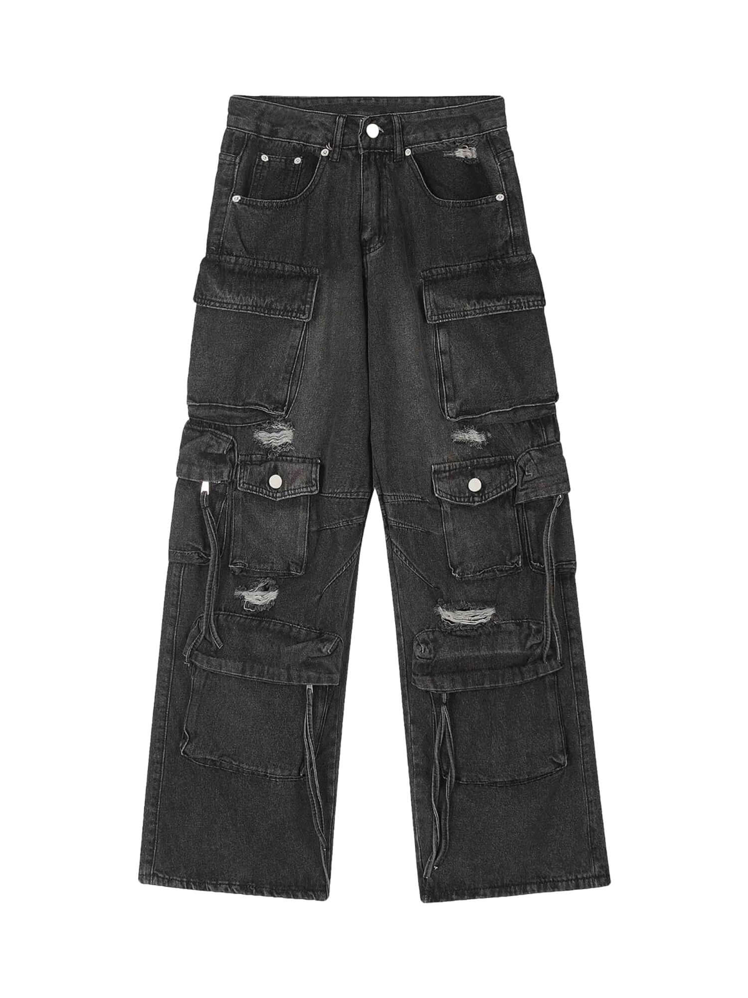 Washed Multi Pocket Work Cargo Jeans Urban Streetwear Style