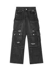 Washed Multi Pocket Work Cargo Jeans Urban Streetwear Style