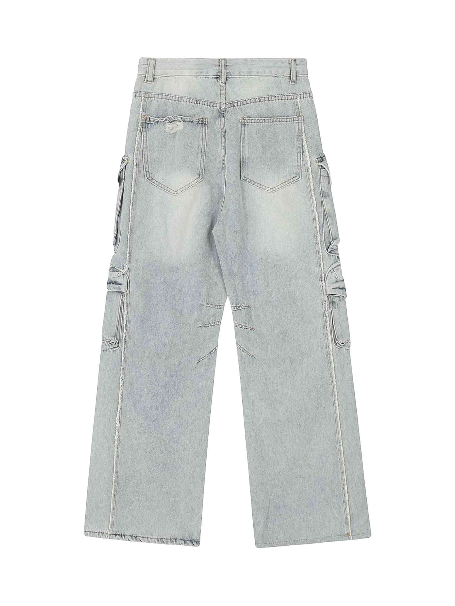 Washed Multi Pocket Work Cargo Jeans Urban Streetwear Style