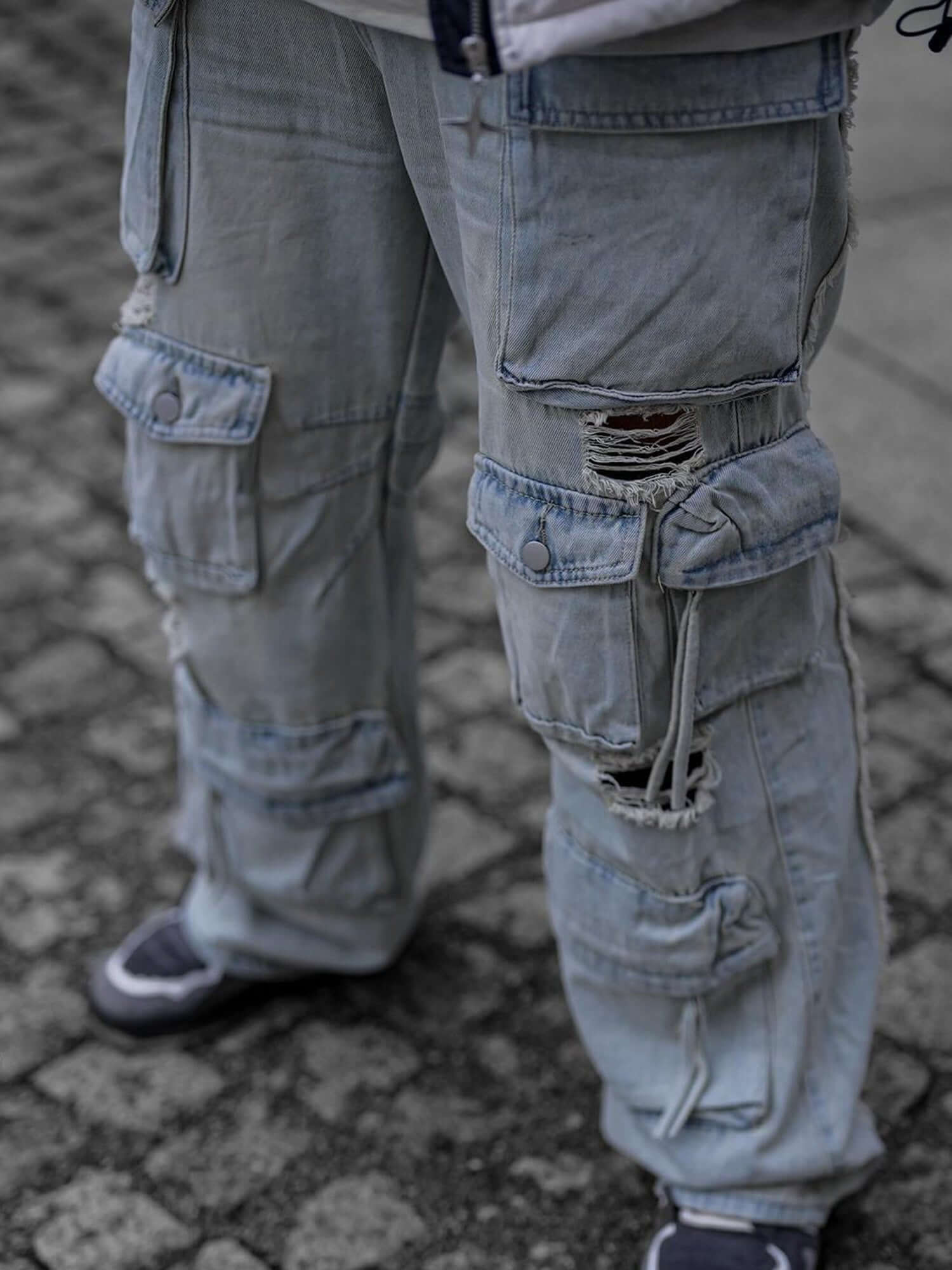 Washed Multi Pocket Work Cargo Jeans Urban Streetwear Style