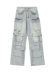 Washed Multi Pocket Work Cargo Jeans Urban Streetwear Style